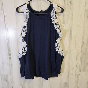 Style dome Navy Blue Lace Trim open sleeve long sleeve shirt women's size large